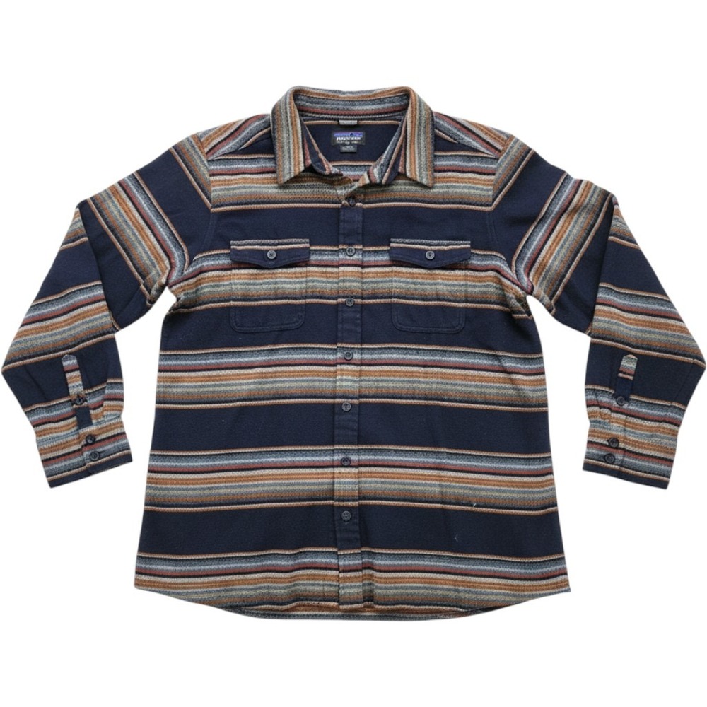 Patagonia Flannel Shirt Womens 14 Navy Blue Striped Good Organic Cotton 53915